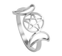 Flongo Triple Moon Goddess Ring for Women - Stainless Steel Pentagram Protective Ring with Wicca Witch Knot Symbol - Pagan Jewellery Gold - Spiritual Gift for Wiccan and Mysticism Lovers - Size 54, 59