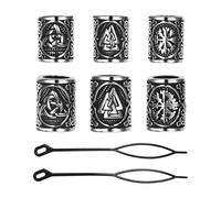 Flongo Viking Beard Beads for Men: 3 Pairs Silver Rune Beads with 2 Hair Threaders - Hair Accessories Set - 316L Stainless Steel Beard Rings - Nordic Hair Decorations for Women - Costume Jewellery