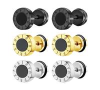 Flongo Viking Fake Plug Stud Earrings: 3 Pairs Stainless Steel Nordic Rune Compass Stud Earrings Enamel Cubic Zirconia Fake Ear Holes Tunnel Screws Without Hole Round Earrings Set for Men Women, Resin