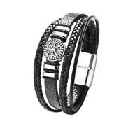 Flongo Viking Leather Bracelet for Men - Black Nordic Compass Bracelet with Runic Symbol, Stainless Steel and Braided PU Leather, Vintage Style Jewellery, Masculine Gift for Men