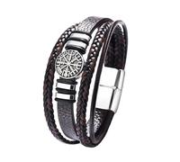 Flongo Viking Leather Bracelet for Men - Black Stainless Steel Braided PU Leather Bracelet with Nordic Compass Symbol and Runes, Viking Style Jewellery, Masculine Gift for Men, Stainless Steel