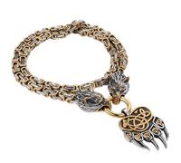Flongo Wolf Necklace Men's with Wolf Head Wolf Paw Pendant Viking Necklace Medallion Silver Black Gold King's Chain Amulet Stainless Steel Men's Jewellery Punk for Men Women, 51 cm, Stainless Steel