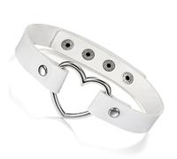 Flongo Women’s Genuine Leather Choker Necklace with Heart-Shaped Pendant, Adjustable, Gothic Punk Rock Style, Available in Various Colours, Stainless Steel,