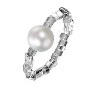 Flongo Women Stretch Pearl Ring: 925 Sterling Silver Ring with 7mm Natural Pearl - Jewellery Gifts for Wife Mother Grlfriend Partner