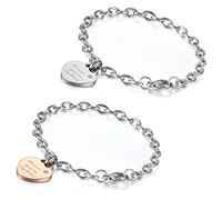Flongo Womens 2PCS Charm Stainless Steel Forever You're My Lover Chain Link Heart Love Engagement Promise Elegant Bracelet, 7.5 inch