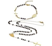 Flongo Women's Catholic Rosary Bracelet Necklace: 2-Piece Set Stainless Steel Cross Pendant Pearl Beaded Rosary Bracelet Necklace Classic Virgin Mary Bracelet Necklace Black Gold