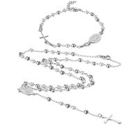 Flongo Women's Catholic Rosary Bracelet Necklace: 2-Piece Set, Stainless Steel Cross Pendant, Pearl Beaded Rosary, Classic Virgin Mary Bracelet, Silver