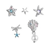 Flongo Women's Jewellery Set 5 Pieces - Summer Stud Earrings with Bowknot, Shell, Starfish, Pearl and Crystal - Boho Beach Earrings in Maritime Style, Silver