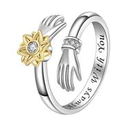 Flongo Womens Sunflower Hug Ring for Women: Always With You Stainless Steel Cubic Zirconia Open Ring - Jewellery Gift for Friend Mother Daughter Girl