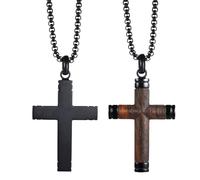Flongo Wood Cross Pendant Necklace: Mens Stainless Steel Black Chain 56cm - Christian Jesus Crucifix Necklace Spiritual Gift for Husband Father Boyfriend