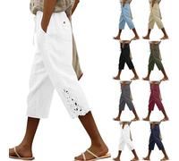 Floobei Womens Linen Trousers, Capri Pants for Women UK 3/4 Cotton Linen Hollow Out Splicing Trouser Summer Drawstring Elasticated Waist Wide Leg Bottoms Casual Vacation Beach Cropped Trousers White