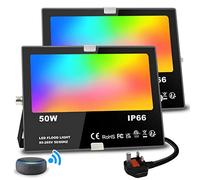 Flood Lights Outdoor With Alexa, Smart LED Floodlight Colour Changing 500W Equivalent 5000LM, Bluetooth APP Control, Warm White+1600 Million RGB Colours,No WiFi No Hub,IP66 Waterproof UK 3-Plug,2 Pack