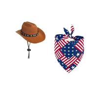 FlooFelove Pet Cowboy Hat with American Flag Bandana, Brown Leather Hat with Star Band, Patriotic Dog and Cat Costume Set