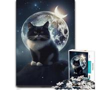 Floofy Cat Under The Moon Illustrated Jigsaw Puzzle for Adults, 1000 PCS