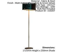 Floor Lamp Light Matt Antique Brass & Green Velvet 10W Led E27 Base & Shade