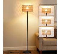 Floor Lamps for Living Room Rattan Boho Floor Lamp with 3 Color Temperature Black Standing Lamp with Rattan & Fabric Shades Tall Floor Lamp for Bedroom