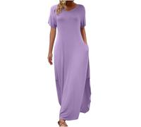 Floor Length Dress for Women UK Solid V-Neck Short Sleeve Maxi Dresses with Pockets Summer Casual Empire Waist Dress Soft Comfy Flowy Long Sundress My Order Sale Clearance 2025 Purple