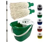 Floor Mop and Bucket Set - 2PC Mops for Cleaning Floors with Bucket, Pure Yarn Mop Heads and Heavy-Duty Mop Bucket, Industrial Mop and Bucket for Domestic and Commercial Use (Green)