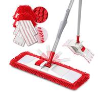 Floor Mop with 4 Reusable Chenille & Microfibre Pads, Wet Dry Mop for Cleaning Floors, 360° Swivel Flat Mop for Hardwood, Laminate, Tile, Adjustable Sturdy Metal Handle, 1 Cleaning Scraper