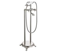 Floor Mounted Bathtub Brushed Nickel Freestanding Faucet Tub Filler with Handheld Shower Spray Double Cross Knobs Telephone Shape High Flow Bathroom Mixing Tap