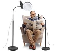 Floor Mounted Magnifying Glass-5X Glass with Light and Stand, LED 5 Color Modes, Stepless Dimmable Lamp, Adjustable Swing Arm Lighted Magnifier Lamp for Craft, Esthetic, Black Ground Round