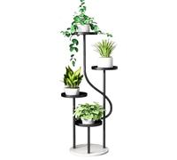 Floor Plant Stand Indoor Outdoor Modern 4-Tier Metal Flower Pot Holder Stand 43.7-inch Tall Plant Holder with Marble Base, Round Tray, for Patio Living Room Balcony,Black-Right