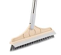 Floor Scrub Brush, 2 in 1 Adjustable Long Handle Cleaning Brush with Squeegee for Home Kitchen Bathroom Patio Hard to Reach Areas, Khaki