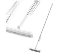 Floor Scrubbing Brush with 57" Adjustable Long Handle,3 in 1 Living Grout Brush with Squeegee,V-Shape Stiff Bristle,Heavy Duty Bathroom Cleaning Tool for Tile,Deck,Patio,Wall,Garage,Kitchen