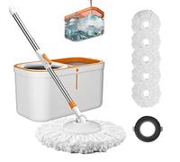 Floor Spin Mop and Bucket Set with Wringer System Extended Stainless Steel Handle 61＂for Home Floor Cleaning Use with 5 Replacement Head Refill and 1 Cleaning Brush Head