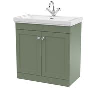 Traditional Floor Standing 2 Door Vanity Unit with 1 Tap Hole Fireclay Basin, 800mm - Satin Green