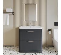 Floor Standing 2 Drawer Vanity Unit with Ceramic Basin - 800mm - Soft Black