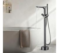 Floor Standing Bath Tap with Shower Mixer Double Lever Freestanding Taps for Bathtubs Hot and Cold Water,Gun Gray