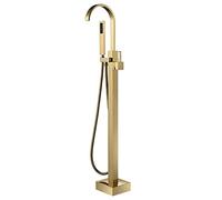 Floor-Standing Bathtub Faucet Waterfall Floor Mount Tub Filler with Swivel Spout Brass Freestanding Shower Single Handle Bathroom Handheld Shower,Brushed Gold (Brushed Gold)