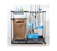 Floor Standing Cleaning Tool Cart, Broom and Mop Holder with Storage Rack for Wet Mops, Ideal for Home, School, and Garden Organization
