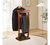 Floor Standing Clothes Valet with Shoe Rack, Solid Wood Suit Valet Stand with Hanger, Clothes Valet Stand with Tray and Drawer, for Crease-Free Suit Coat Stand Storage