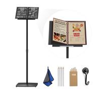Floor Standing Menu Stand with 2 Flip-Over A4 Chalkboards - Adjustable Pedestal Sign Holder (37-63 Inch) for Wedding, Restaurant & Church - Detachable Binder Ring Design with Magnetic Accessories