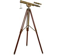 Floor Standing Solid Brass Spyglass Telescope Marine Wooden Tripod Stand Home Decor Nautical Handcrafted Brass Finish & Brown Tripod
