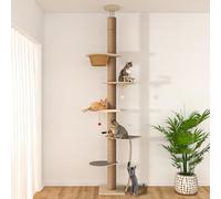 Floor to Ceiling Cat Tree, 5 Tier Cat Tower Adjustable Height (82-120 in), Tall Climbing Tree with Perches, Hammock, Scratching Post, Bed, Ball Toys, Solid Structure and Neutral Color Fit Home Decor
