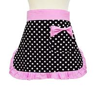 Floosum Black Sexy Polka Dot Ruffle Side Cotton Kitchen Cooking Waist Waitress Server Half Aprons with Pocket Women Girl, Pink Polka Dot, Medium