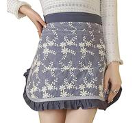 Floosum Lovely Waist Apron with 2 Pockets - Cotton Lace Embroidered Server Waitress Apron Half Short Apron for Womens Girls, Grey, Medium