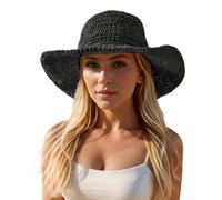Floppy Big Beach Straw Hats for Women Foldable Summer Wide Brim Packable Oversized Sun Hat Womens Travel Straw Fedora Hat, Black-4, 7 1/8/7 1/4