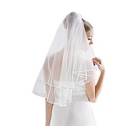 Flora 2-Tier Satin Edged Plain Designer Bridal Veil,32" L Waist Length (IVORY)