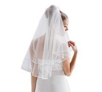Flora 2-Tier Satin Edged Plain Designer Bridal Veil,32" L Waist Length (WHITE)