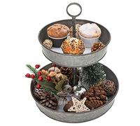 FLORA Farmhouse 2 Tiered Galvanized Serving Tray Stand with Carry Handle, Rustic Metal Display Tray for Cupcake Dessert Fruit, Perfect for Indoor or Outdoor Party Home Décor