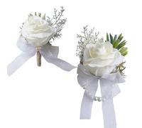 Floraest Wrist Corsages for Weddings, 2PCS Buttonholes and Corsages for Wedding Sets Artificial Flowers Wrist Corsage for Prom Wedding Boutonniere Groom Bridal Men's Women's Suit (White)