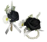 Floraest Wrist Corsages for Weddings, 2PCS Buttonholes and Corsages for Wedding Sets Artificial Flowers Wrist Corsage for Prom Wedding Boutonniere Groom Bridal Men's Women's Suit (Black)