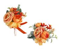 Floraest Wrist Corsages for Weddings Sets, 2PCS Corsages and Buttonholes for Wedding, Artificial Rose Flowers Corsages and Boutonniere for Ceremony Prom Party Accessories (Orange)