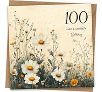Floral 100th Birthday Card For Women | Beautiful Daisy Flower Design & Rustic Kraft Envelope