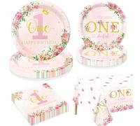 Floral 1st Birthday Party Decorations for 20 Guests, Include Little Miss Onederful Paper Plates, Happy 1st Birthday Tablecloth, Napkins, 1st Birthday Supplies for Girls First Birthday Party Decor