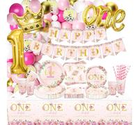 Floral 1st Birthday Party Decorations, Include Birthday Banner, Paper Plates, Cups, Napkins, Little Miss Onederful Tablecloth, Balloons for Girls First Birthday Party Supplies, Serve 20 Guests